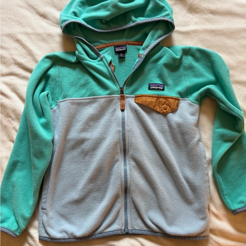 Unisex Patagonia Kids' Teal, Camel and Light Blue Fleece Hooded Jacket